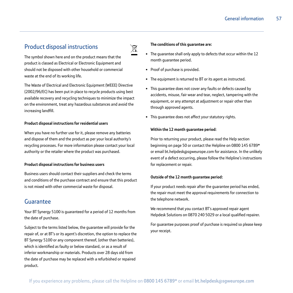 Product disposal instructions, Guarantee | BT Synergy 5100 User Manual | Page 57 / 59