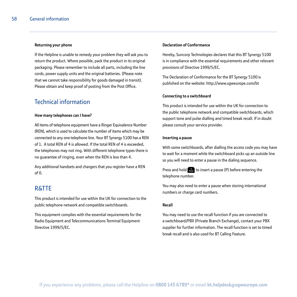 Technical information, R&tte | BT Synergy 5100 User Manual | Page 58 / 59