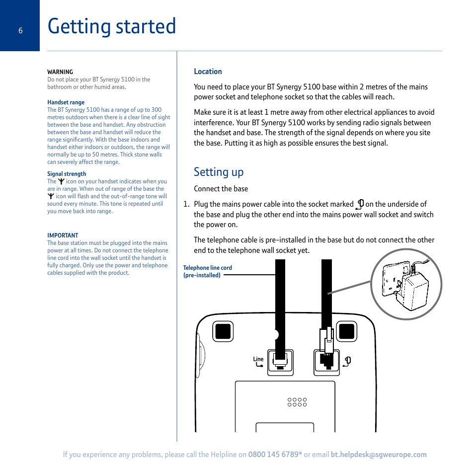 Getting started, Setting up | BT Synergy 5100 User Manual | Page 6 / 59