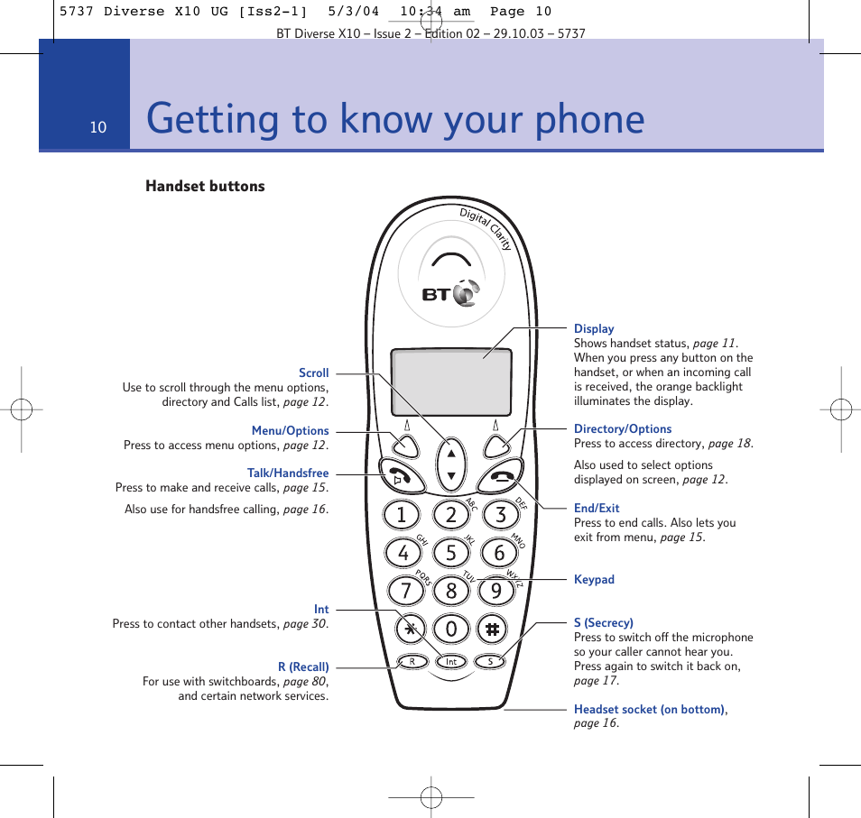 Getting to know your phone | BT DIVERSE X10 User Manual | Page 10 / 88