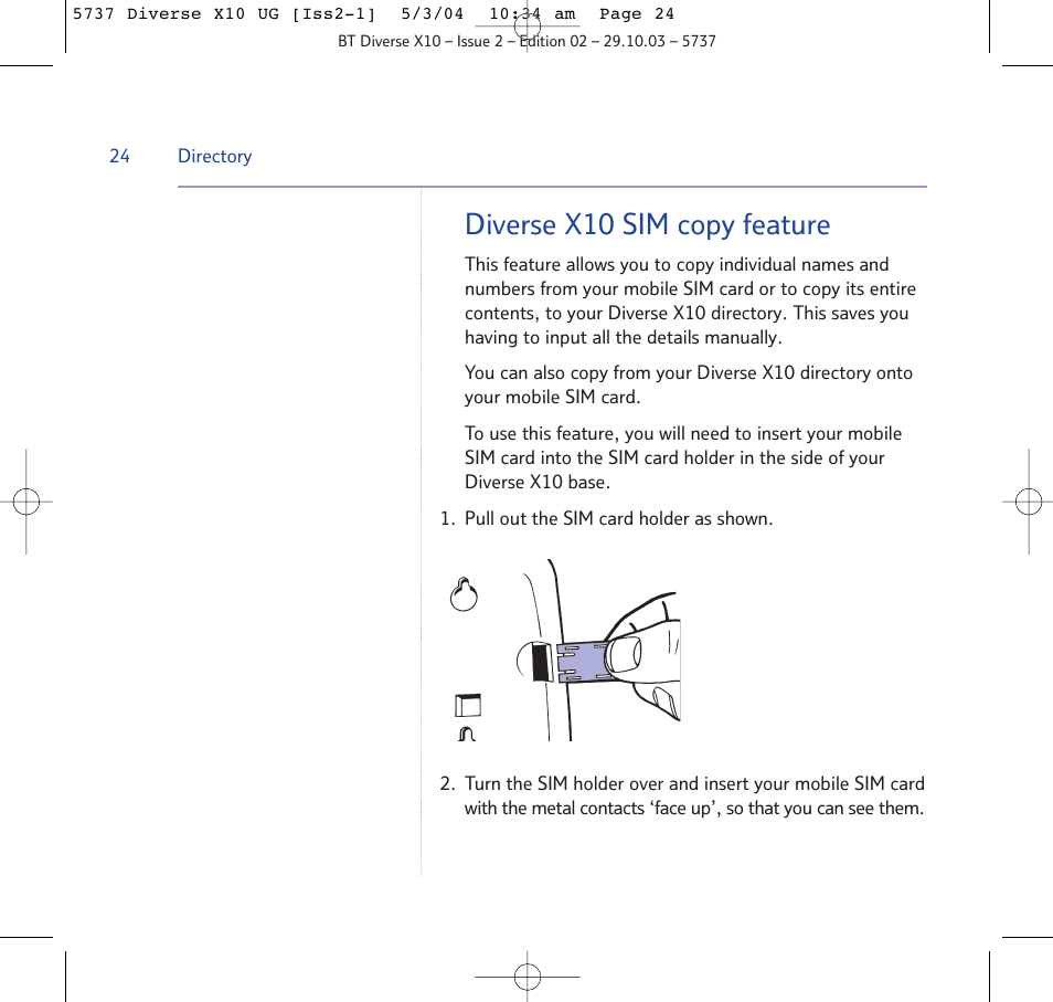 Diverse x10 sim copy feature | BT DIVERSE X10 User Manual | Page 24 / 88