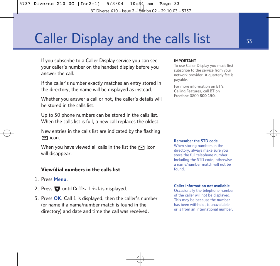 Caller display and the calls list | BT DIVERSE X10 User Manual | Page 33 / 88