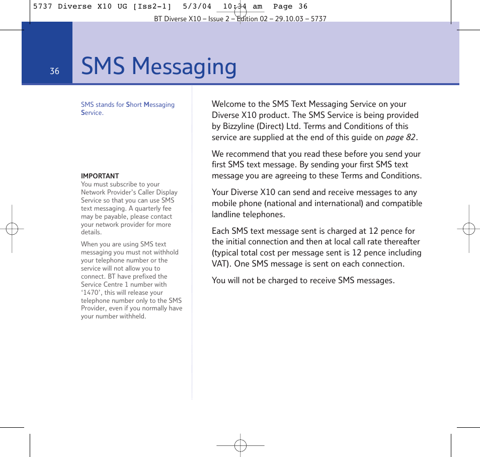 Sms messaging | BT DIVERSE X10 User Manual | Page 36 / 88