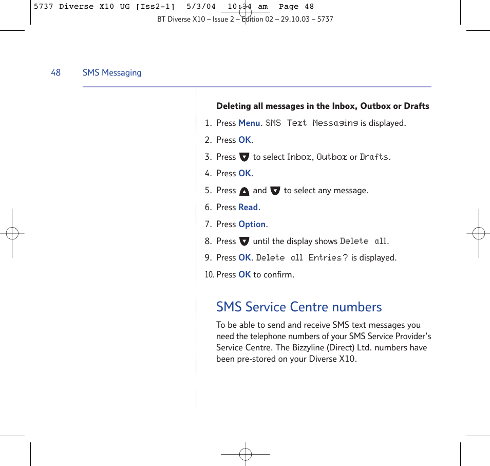 Sms service centre numbers | BT DIVERSE X10 User Manual | Page 48 / 88