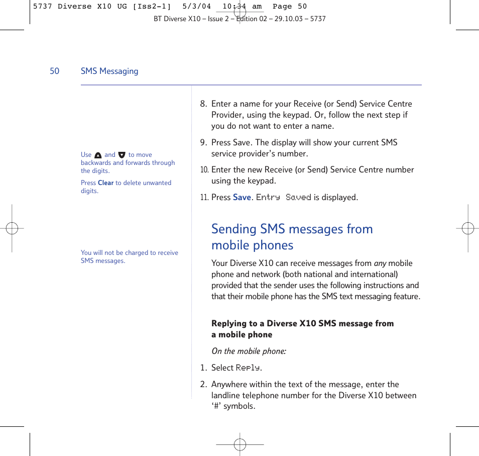 Sending sms messages from mobile phones | BT DIVERSE X10 User Manual | Page 50 / 88