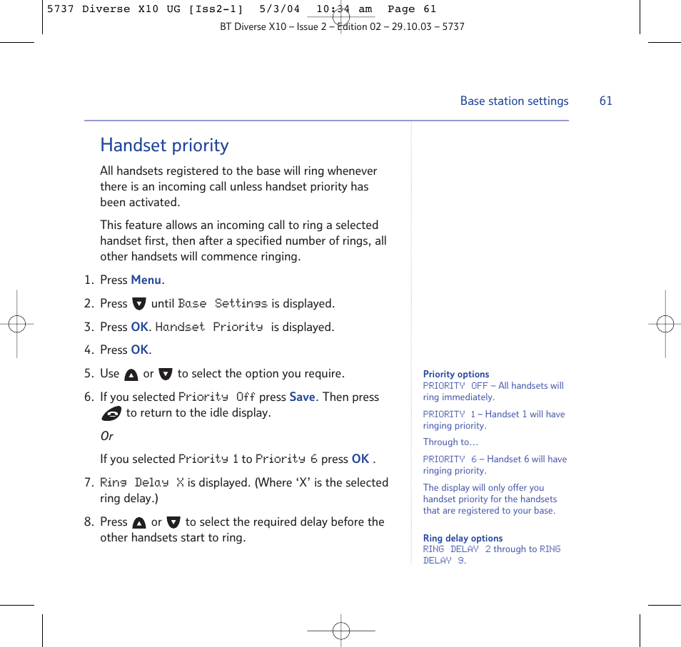 Handset priority | BT DIVERSE X10 User Manual | Page 61 / 88