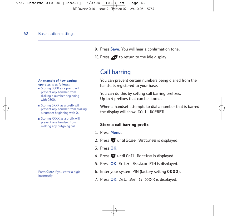 Call barring | BT DIVERSE X10 User Manual | Page 62 / 88