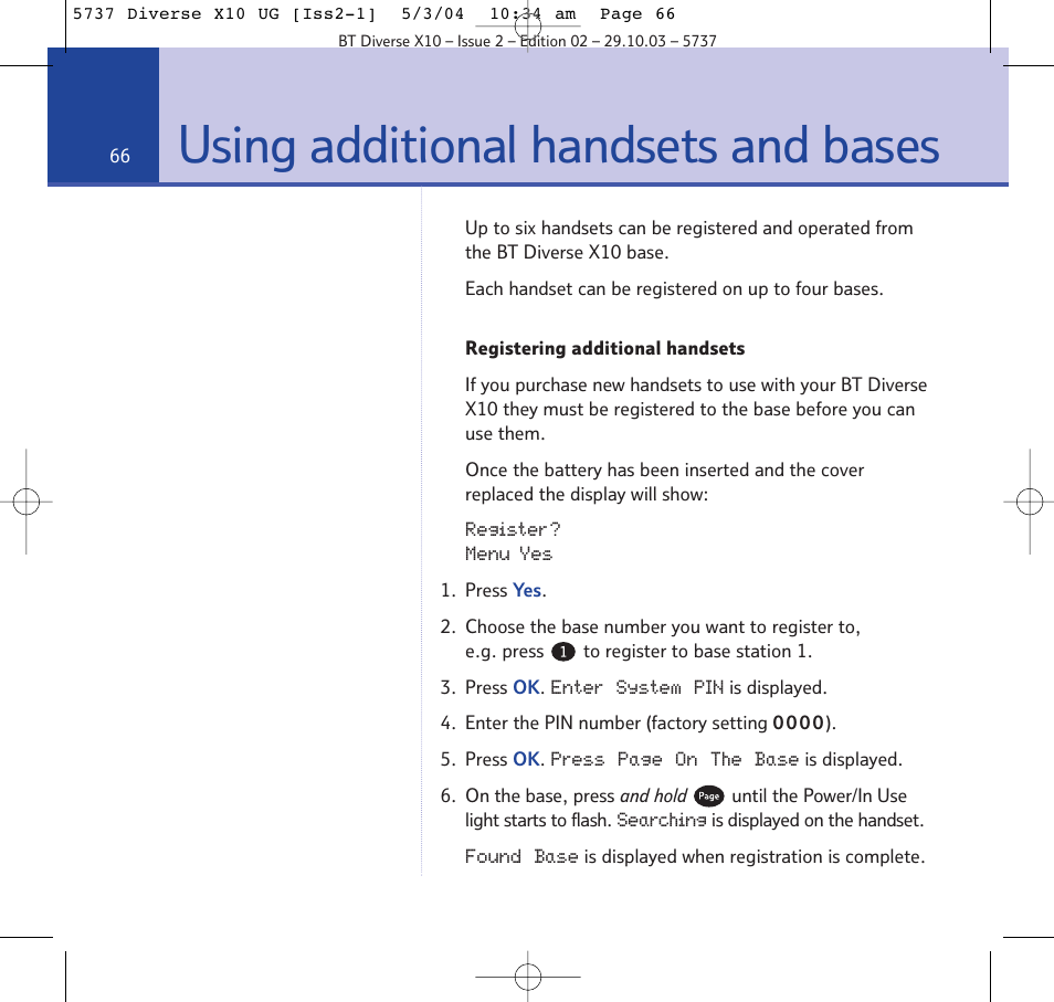 Using additional handsets and bases | BT DIVERSE X10 User Manual | Page 66 / 88