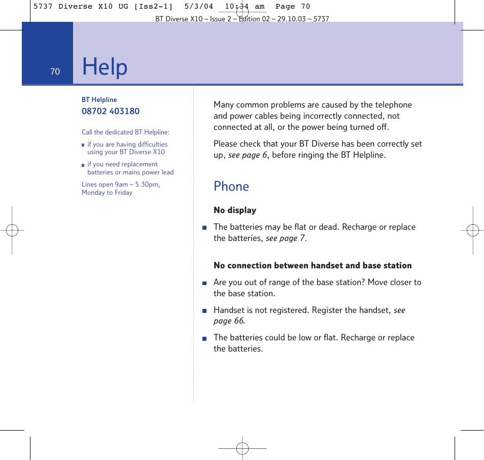 Help, Phone | BT DIVERSE X10 User Manual | Page 70 / 88