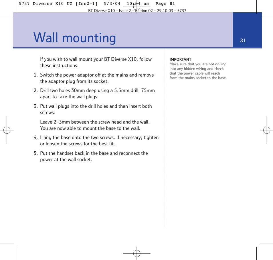 Wall mounting | BT DIVERSE X10 User Manual | Page 81 / 88