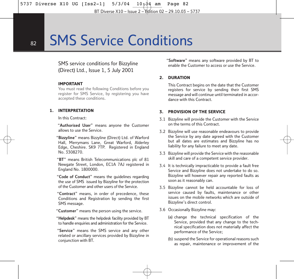 Sms service conditions | BT DIVERSE X10 User Manual | Page 82 / 88