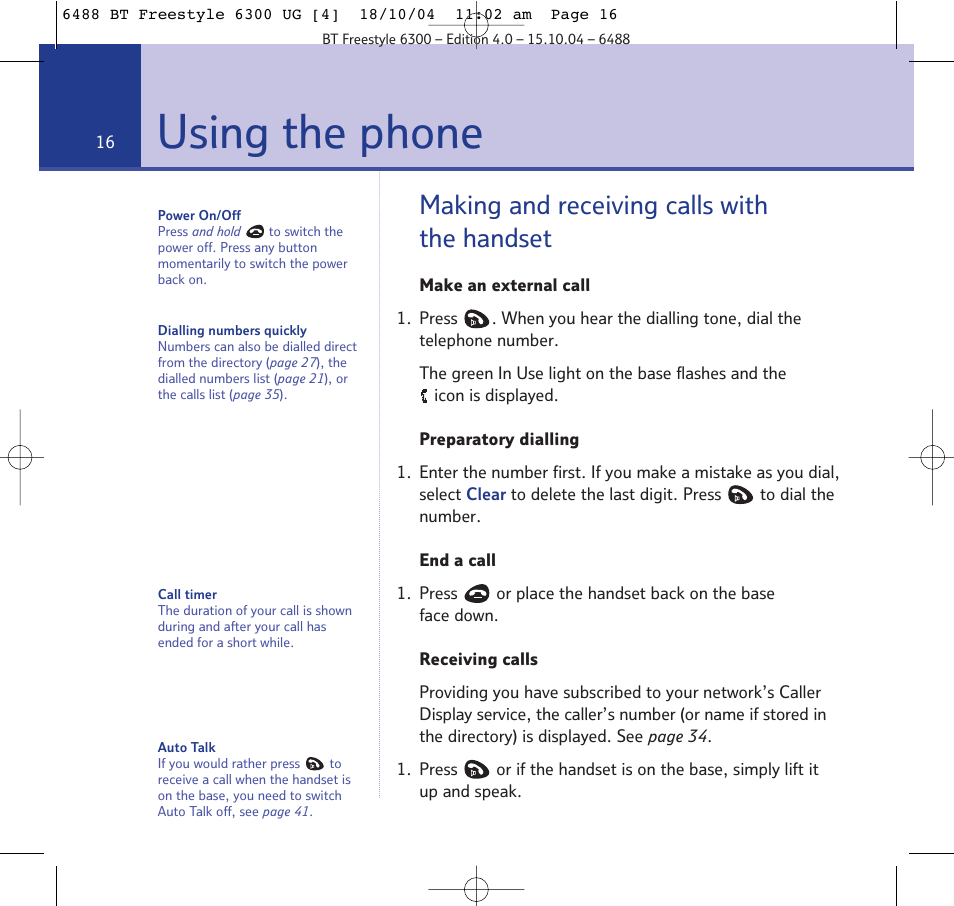 Using the phone, Making and receiving calls with the handset | BT 6300 User Manual | Page 16 / 64