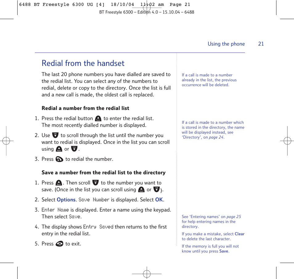 Redial from the handset | BT 6300 User Manual | Page 21 / 64