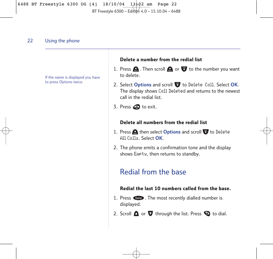 Redial from the base | BT 6300 User Manual | Page 22 / 64