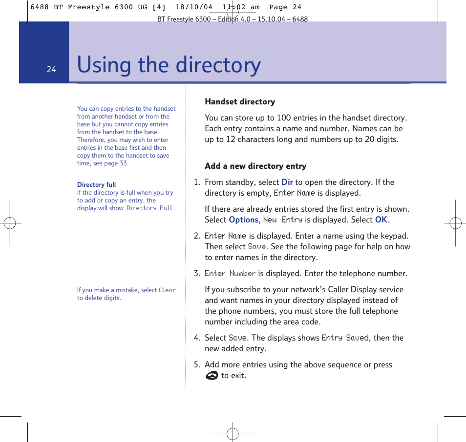 Using the directory | BT 6300 User Manual | Page 24 / 64