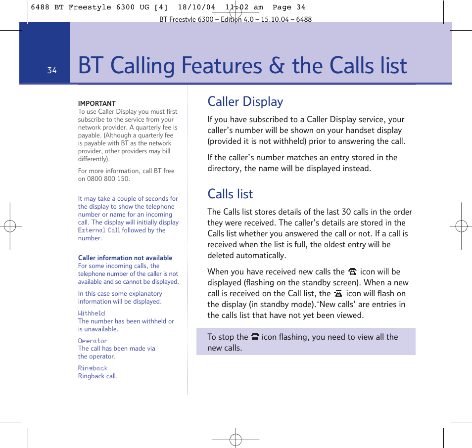 Bt calling features & the calls list, Caller display, Calls list | BT 6300 User Manual | Page 34 / 64