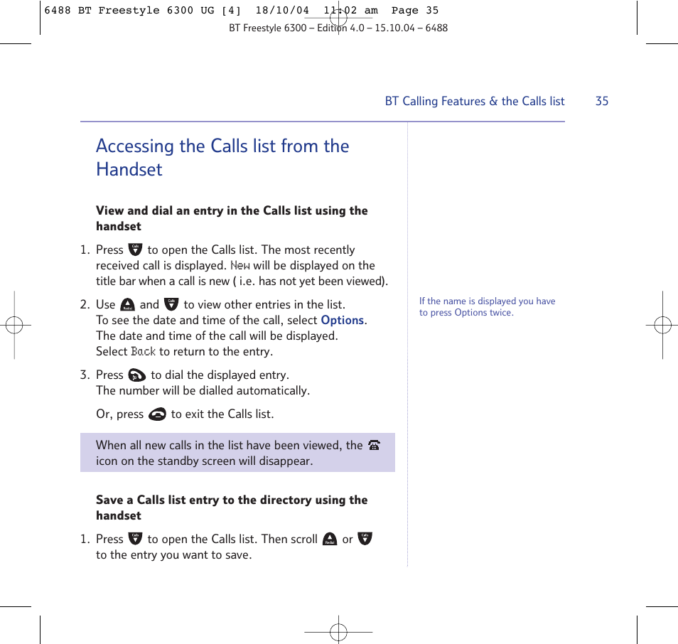 Accessing the calls list from the handset | BT 6300 User Manual | Page 35 / 64