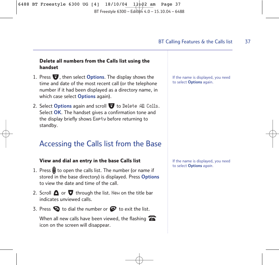 Accessing the calls list from the base | BT 6300 User Manual | Page 37 / 64