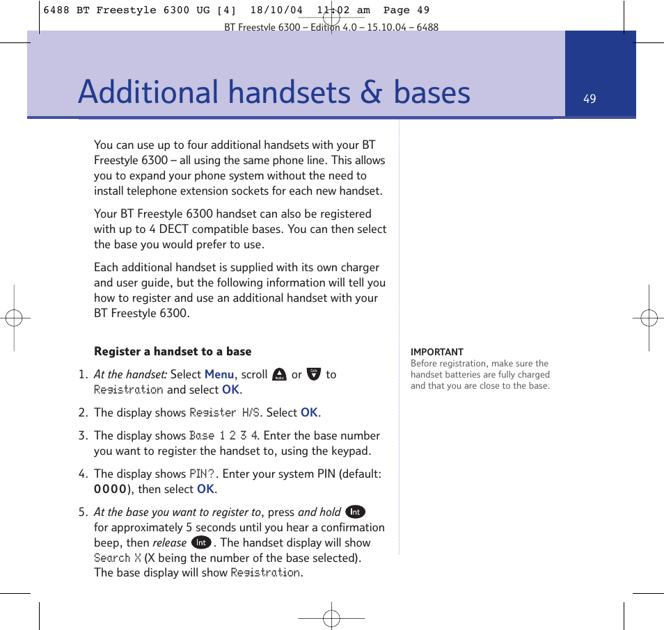 Additional handsets & bases | BT 6300 User Manual | Page 49 / 64