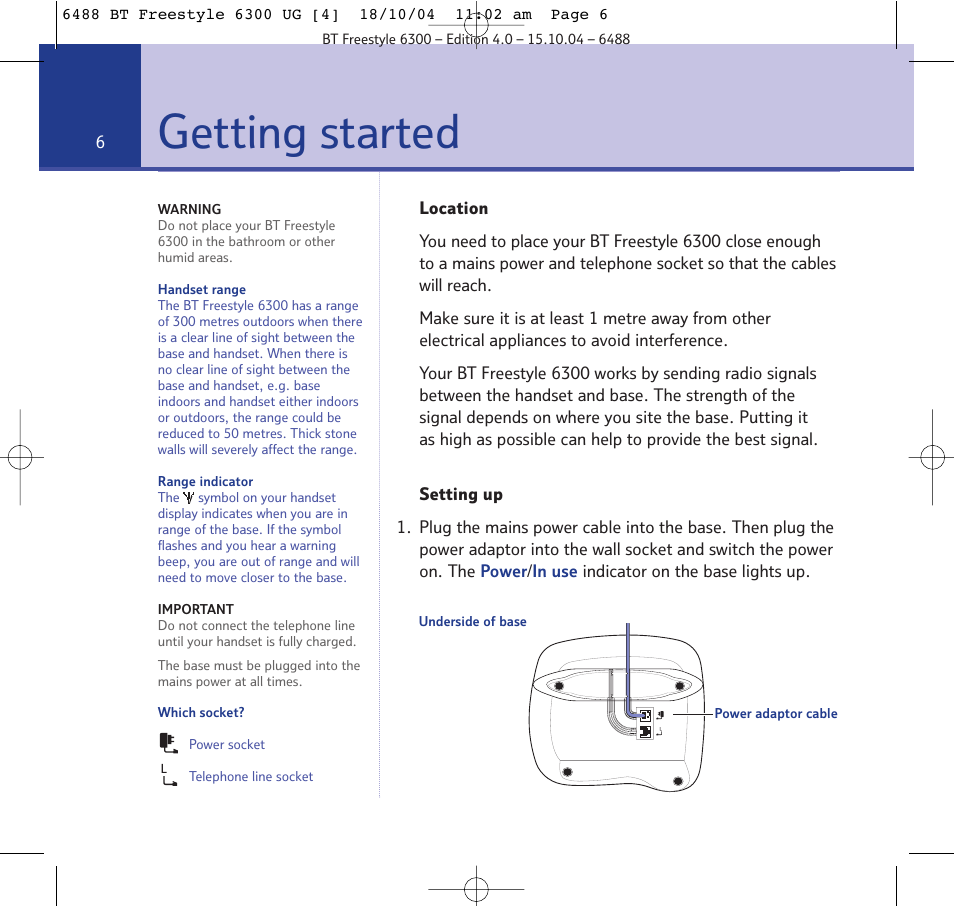 Getting started | BT 6300 User Manual | Page 6 / 64