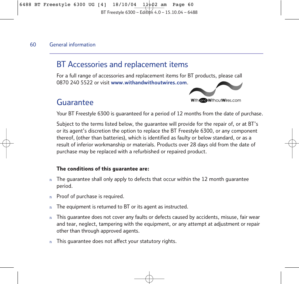 Bt accessories and replacement items, Guarantee | BT 6300 User Manual | Page 60 / 64