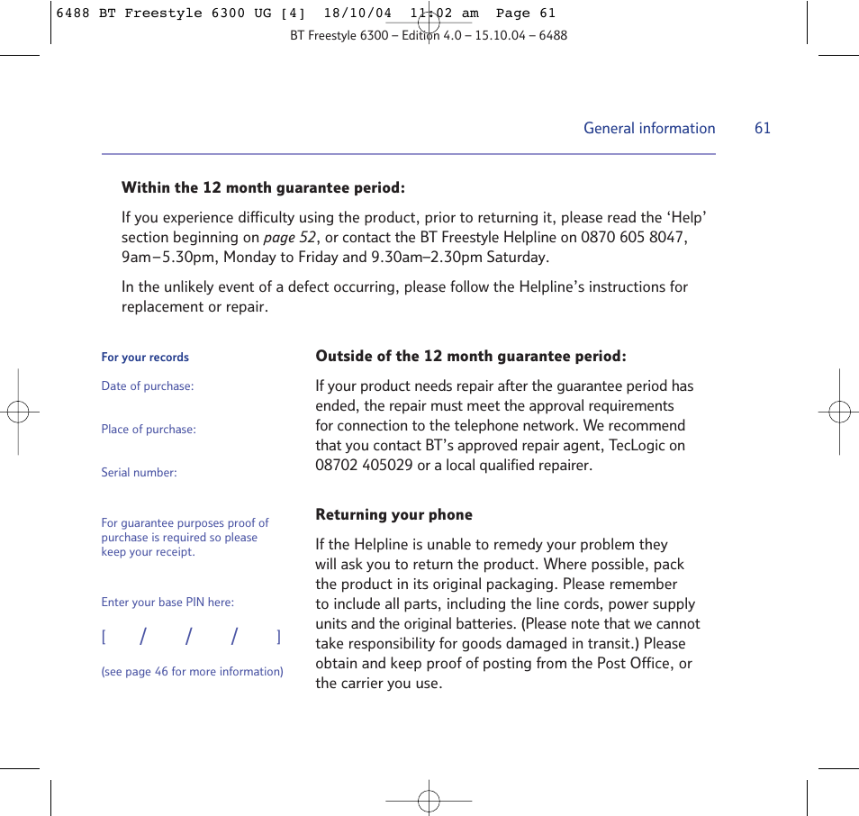 BT 6300 User Manual | Page 61 / 64