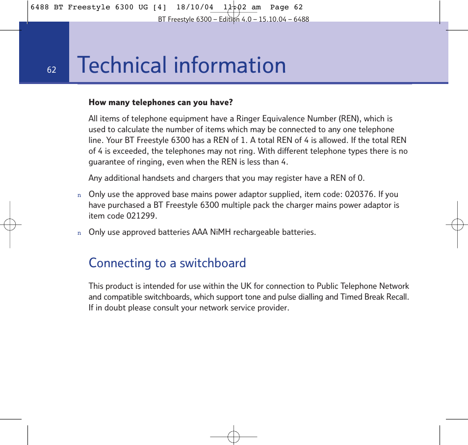 Technical information, Connecting to a switchboard | BT 6300 User Manual | Page 62 / 64