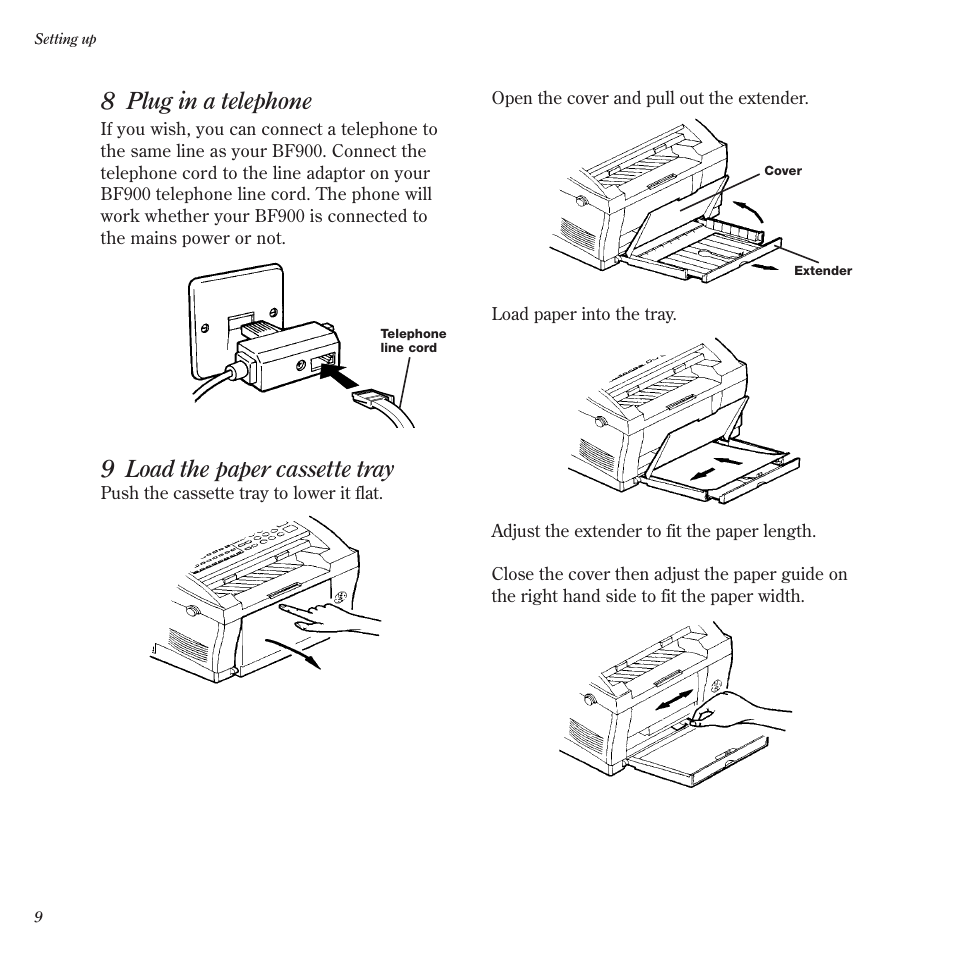 8 plug in a telephone, 9 load the paper cassette tray | BT BF900 User Manual | Page 10 / 63