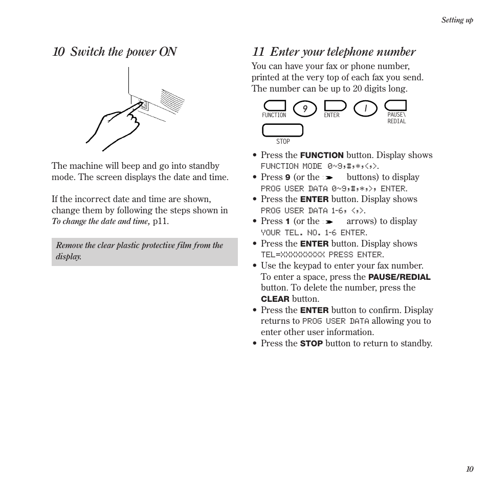 10 switch the power on, 11 enter your telephone number | BT BF900 User Manual | Page 11 / 63