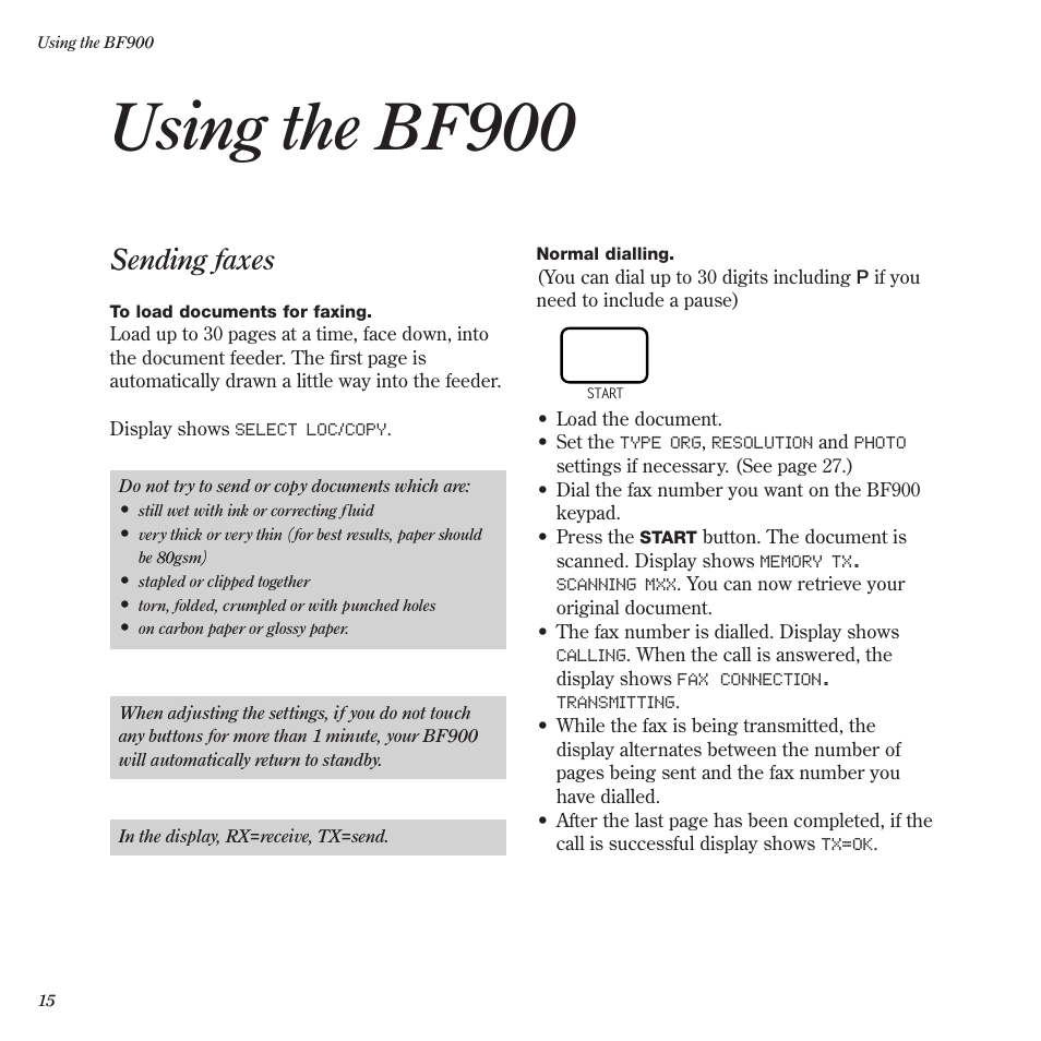 Using the bf900, Sending faxes | BT BF900 User Manual | Page 16 / 63
