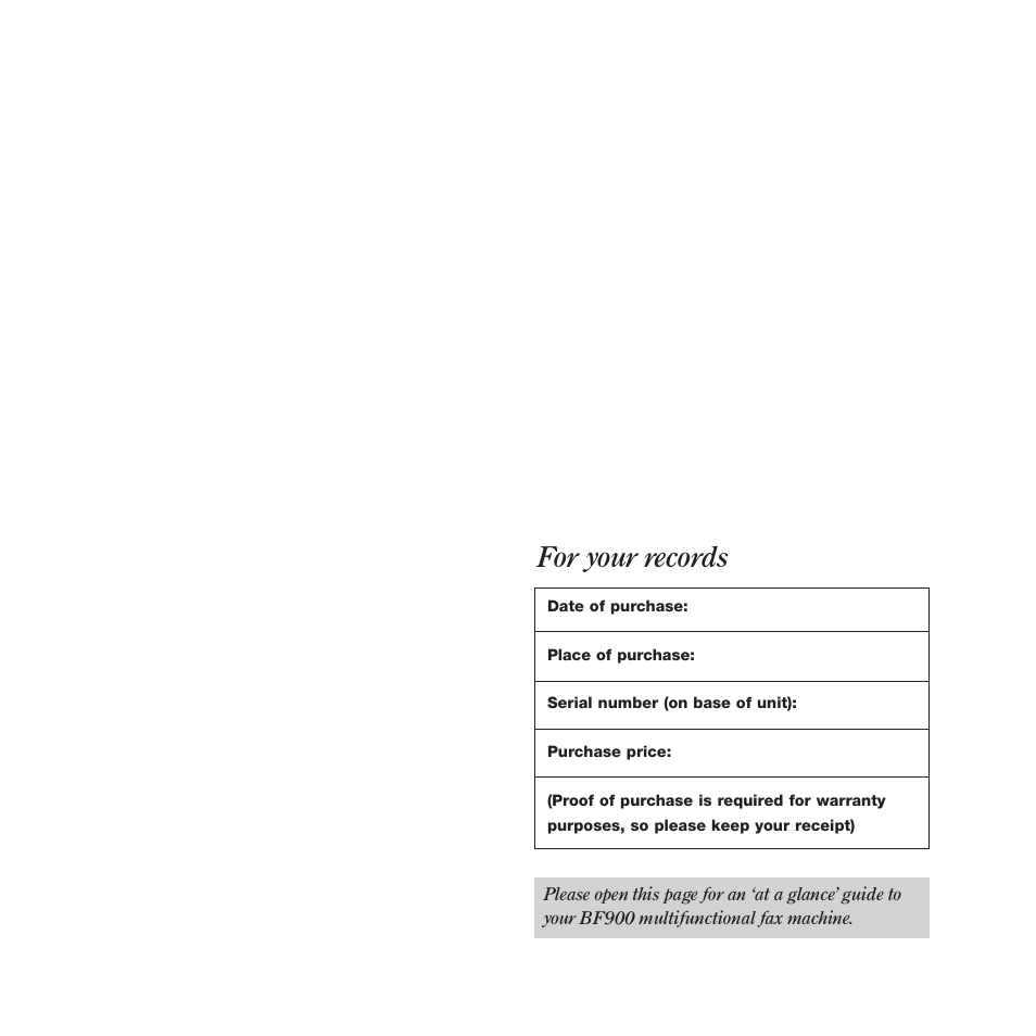 For your records | BT BF900 User Manual | Page 2 / 63