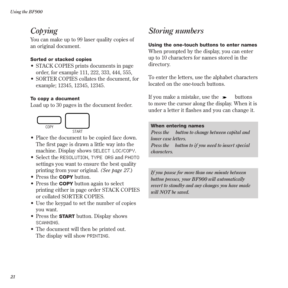 Copying, Storing numbers | BT BF900 User Manual | Page 22 / 63