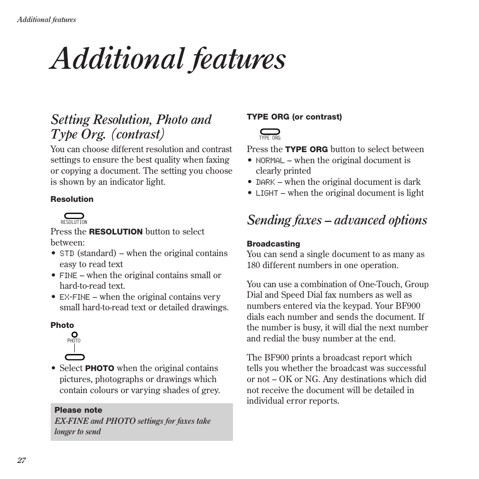 Additional features, Setting resolution, photo and type org. (contrast), Sending faxes – advanced options | BT BF900 User Manual | Page 28 / 63