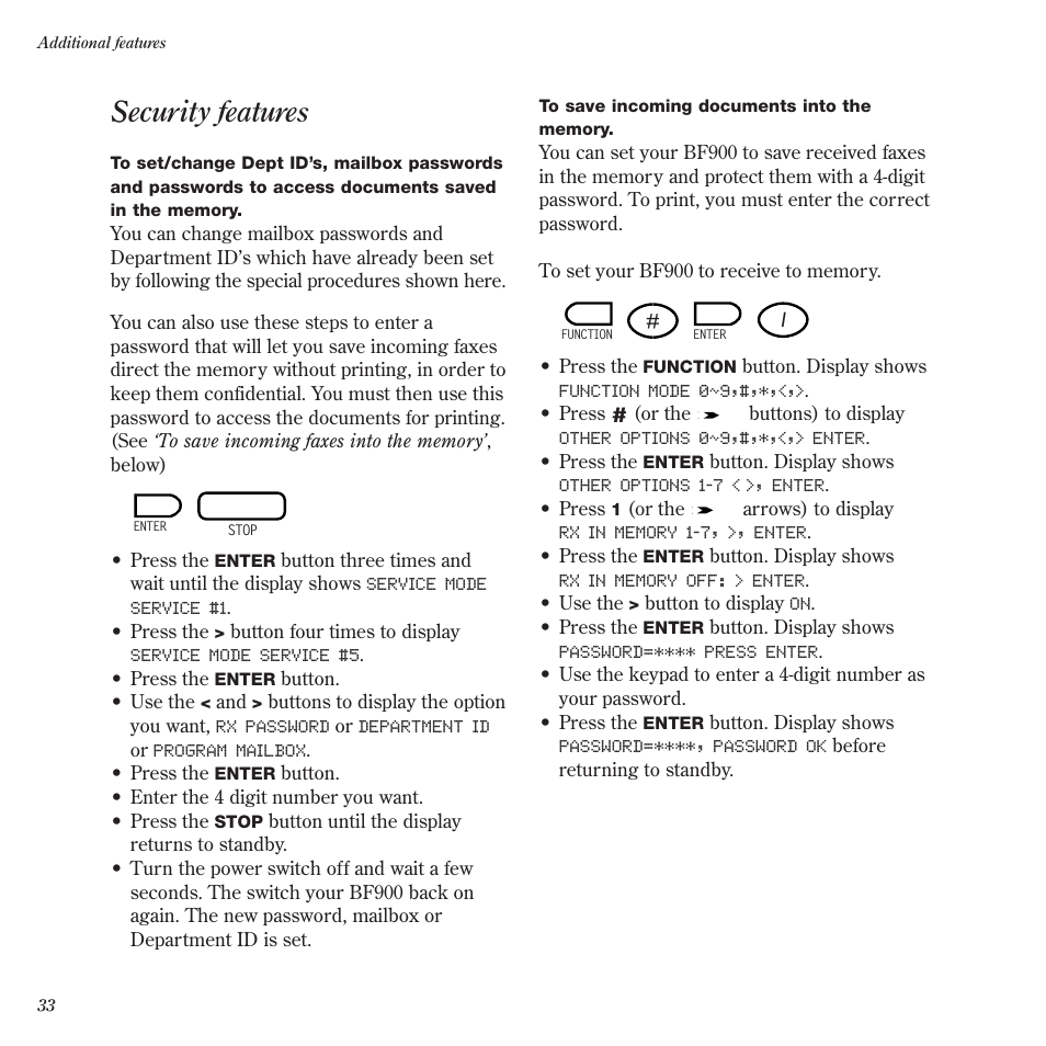 Security features | BT BF900 User Manual | Page 34 / 63