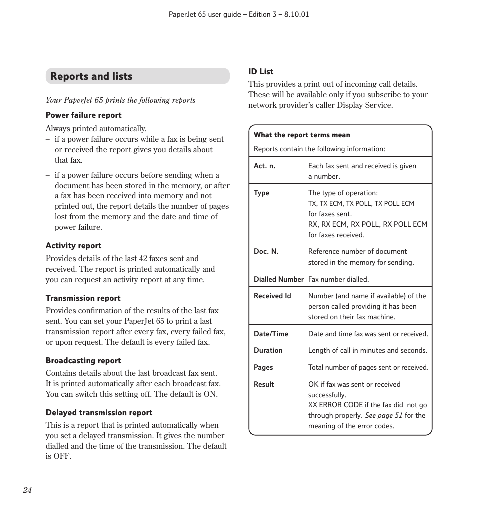 Reports and lists | BT PaperJet 65 User Manual | Page 26 / 65