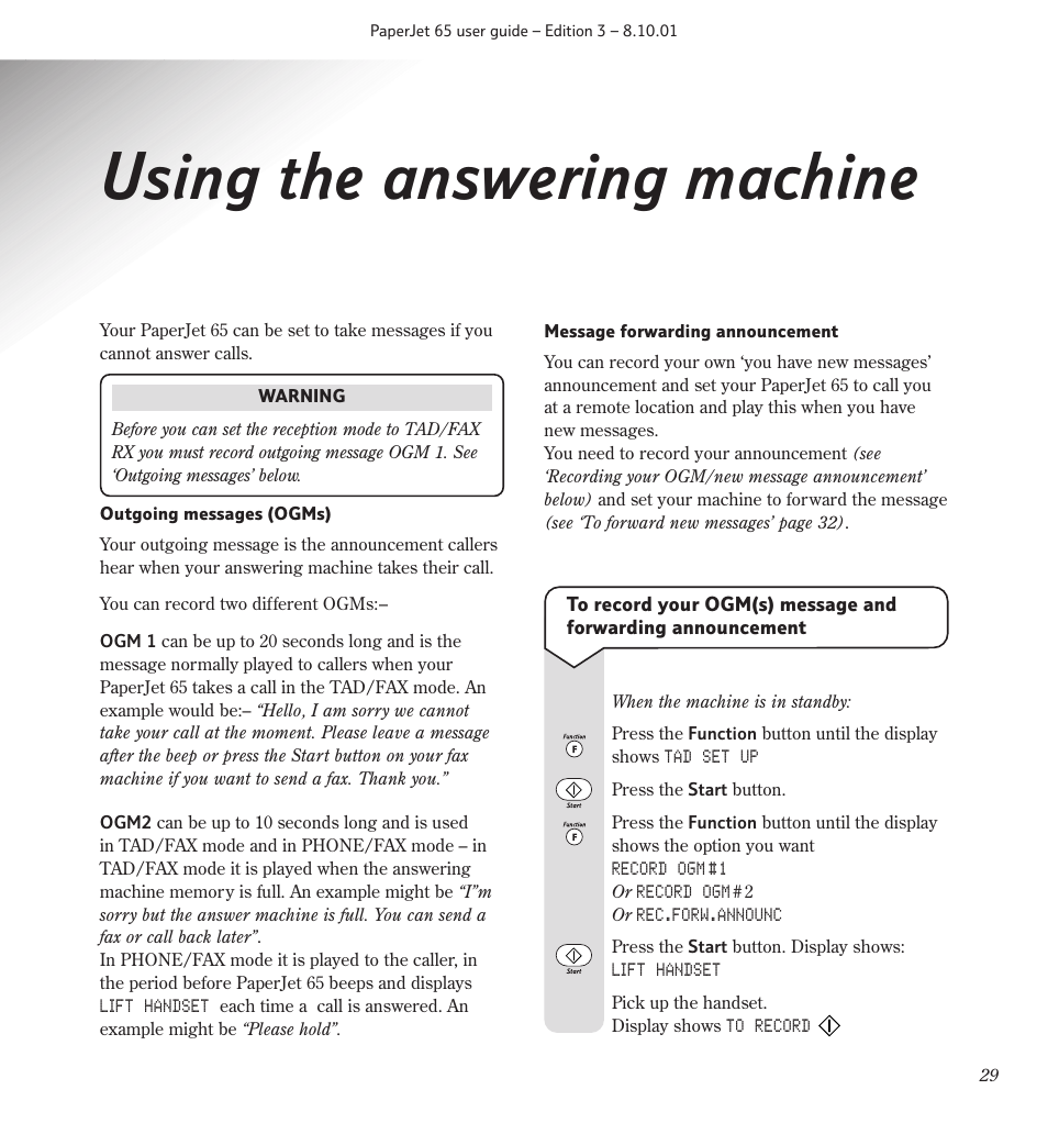 Using the answering machine | BT PaperJet 65 User Manual | Page 31 / 65