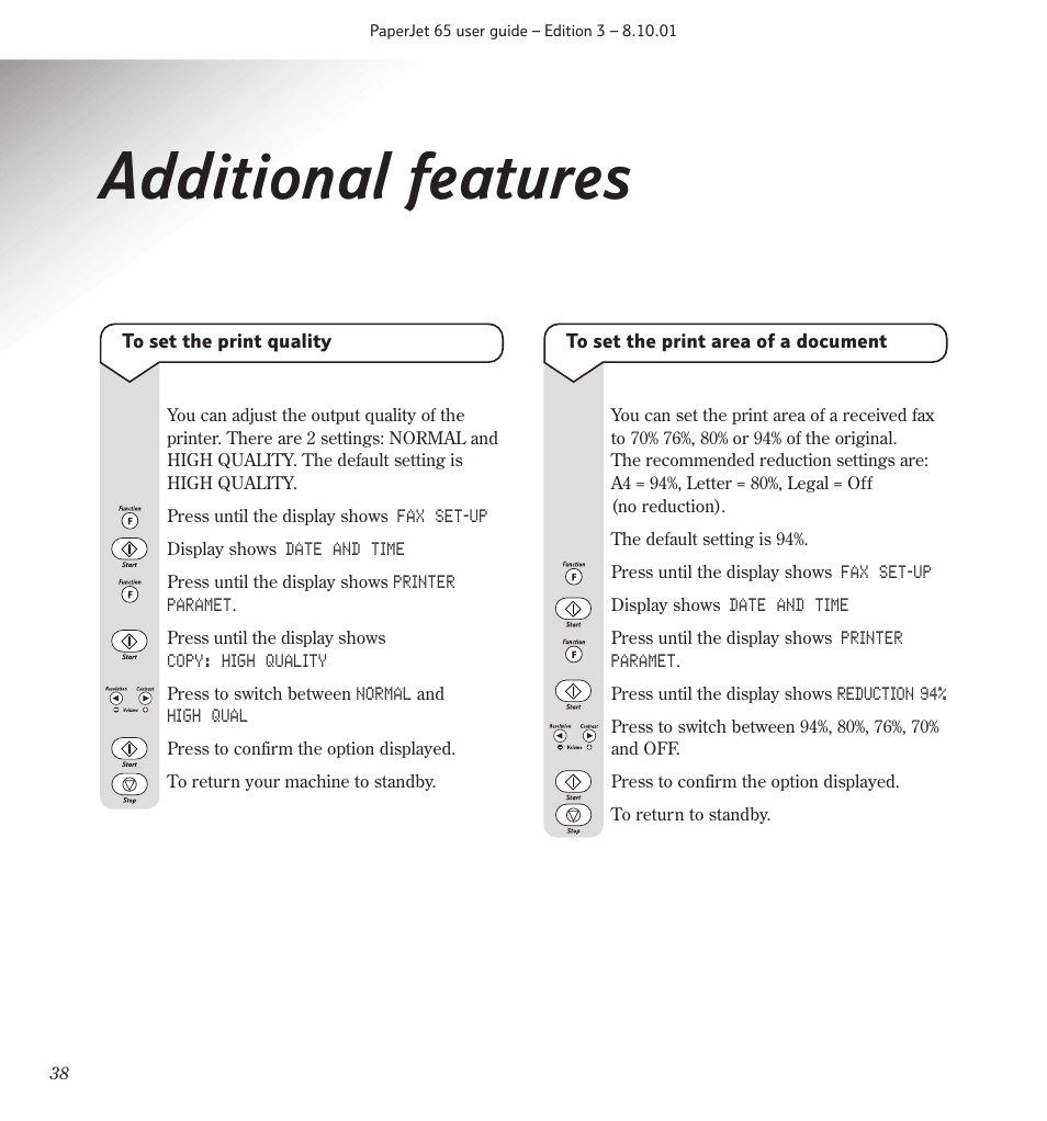 Additional features | BT PaperJet 65 User Manual | Page 40 / 65