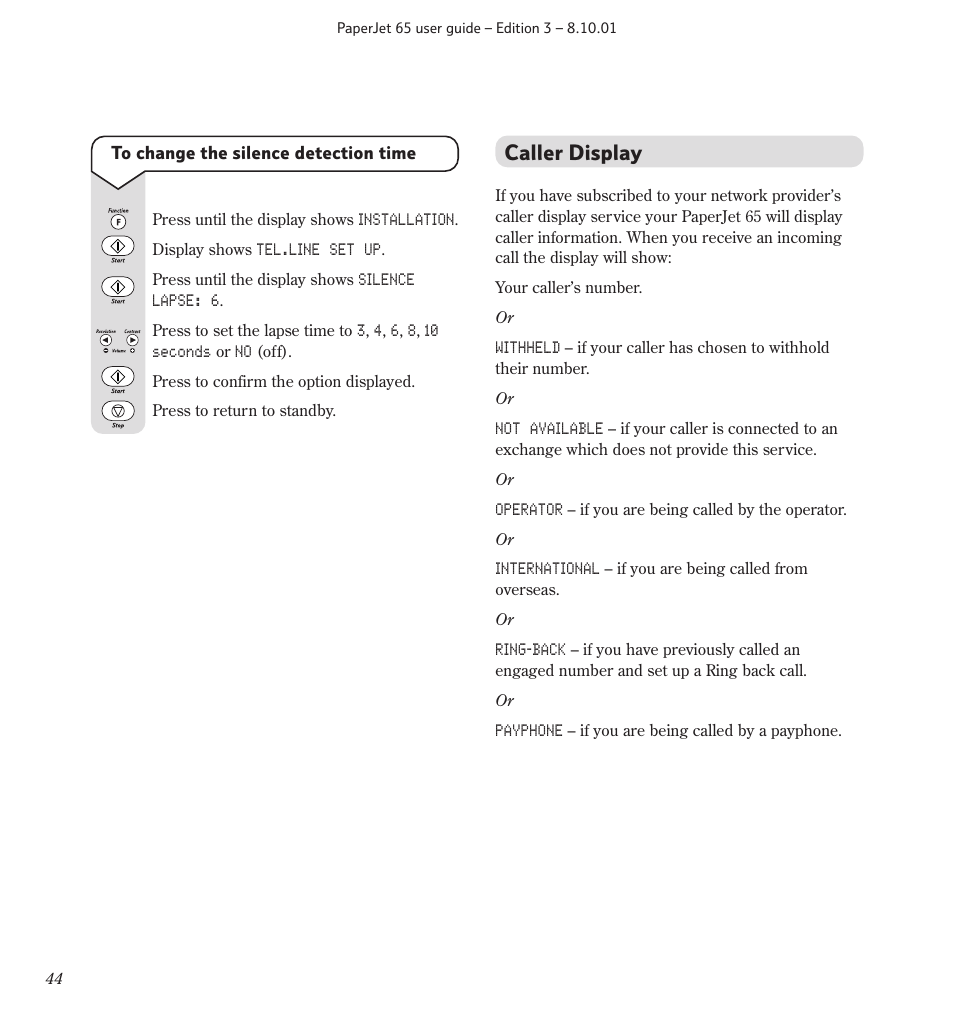 Caller display | BT PaperJet 65 User Manual | Page 46 / 65