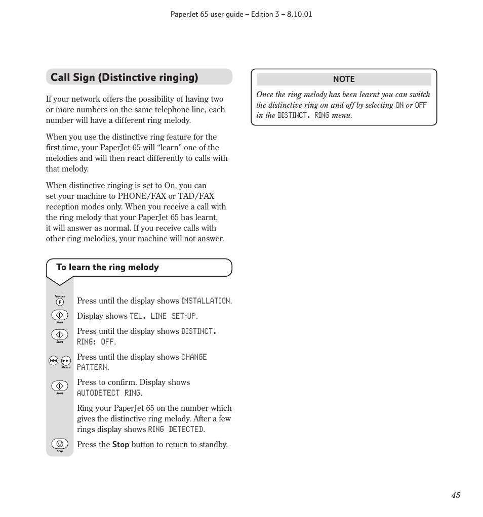 Call sign (distinctive ringing) | BT PaperJet 65 User Manual | Page 47 / 65