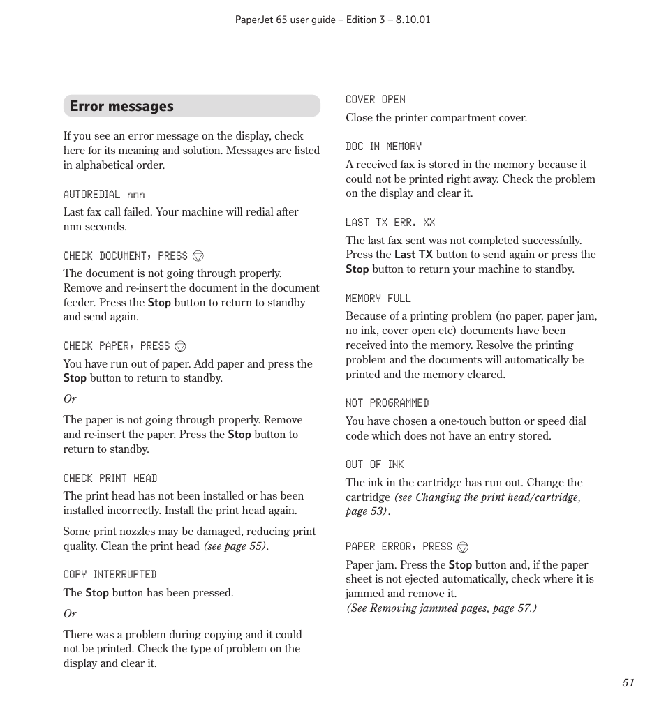 Error messages | BT PaperJet 65 User Manual | Page 53 / 65