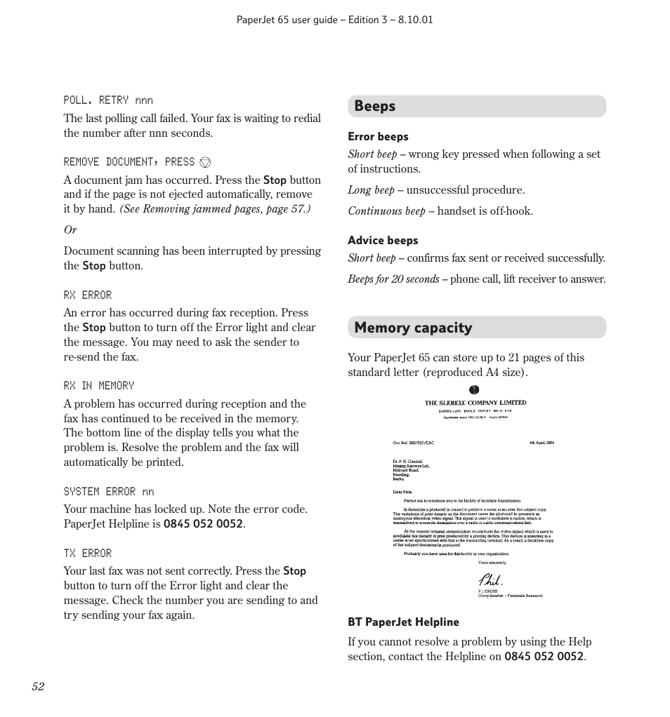 Beeps | BT PaperJet 65 User Manual | Page 54 / 65