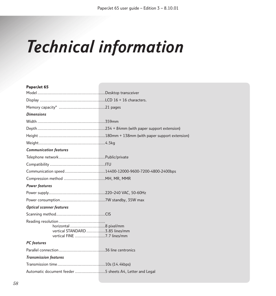 Technical information | BT PaperJet 65 User Manual | Page 60 / 65