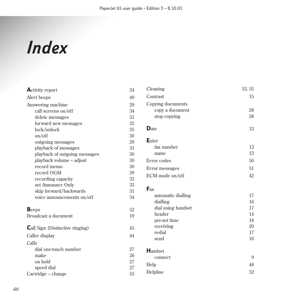 Index | BT PaperJet 65 User Manual | Page 62 / 65