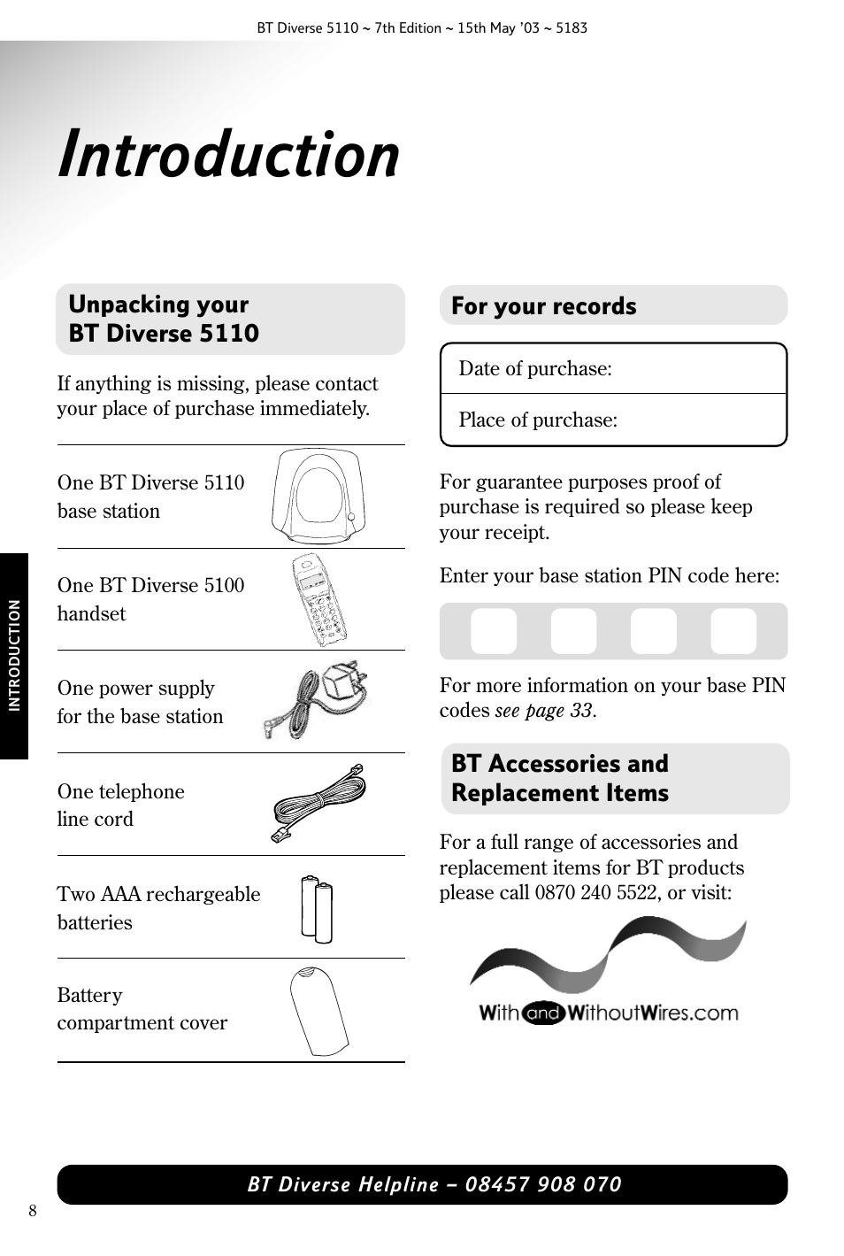 Introduction, Unpacking your bt diverse 5110, Bt accessories and replacement items | For your records, Date of purchase: place of purchase | BT 5110 User Manual | Page 10 / 47