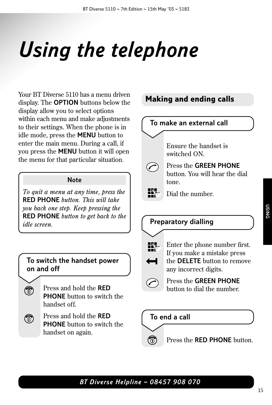 Using the telephone, Making and ending calls | BT 5110 User Manual | Page 17 / 47