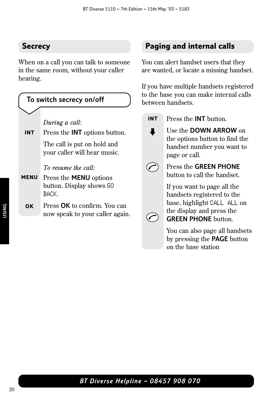 Secrecy, Paging and internal calls | BT 5110 User Manual | Page 22 / 47