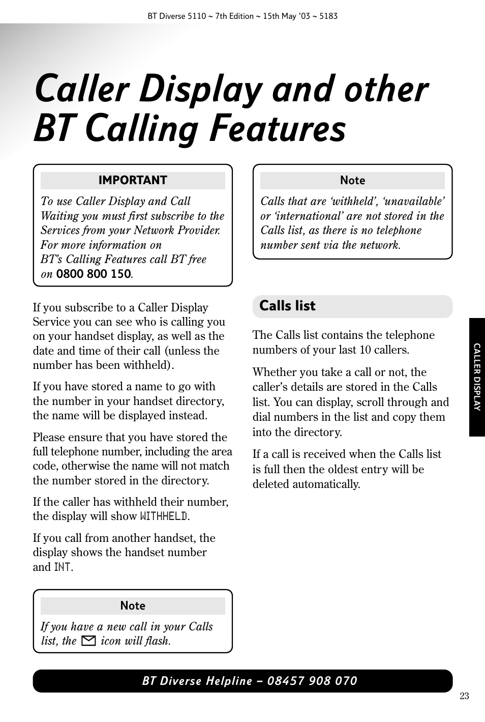 Caller display and other bt calling features, Calls list | BT 5110 User Manual | Page 25 / 47