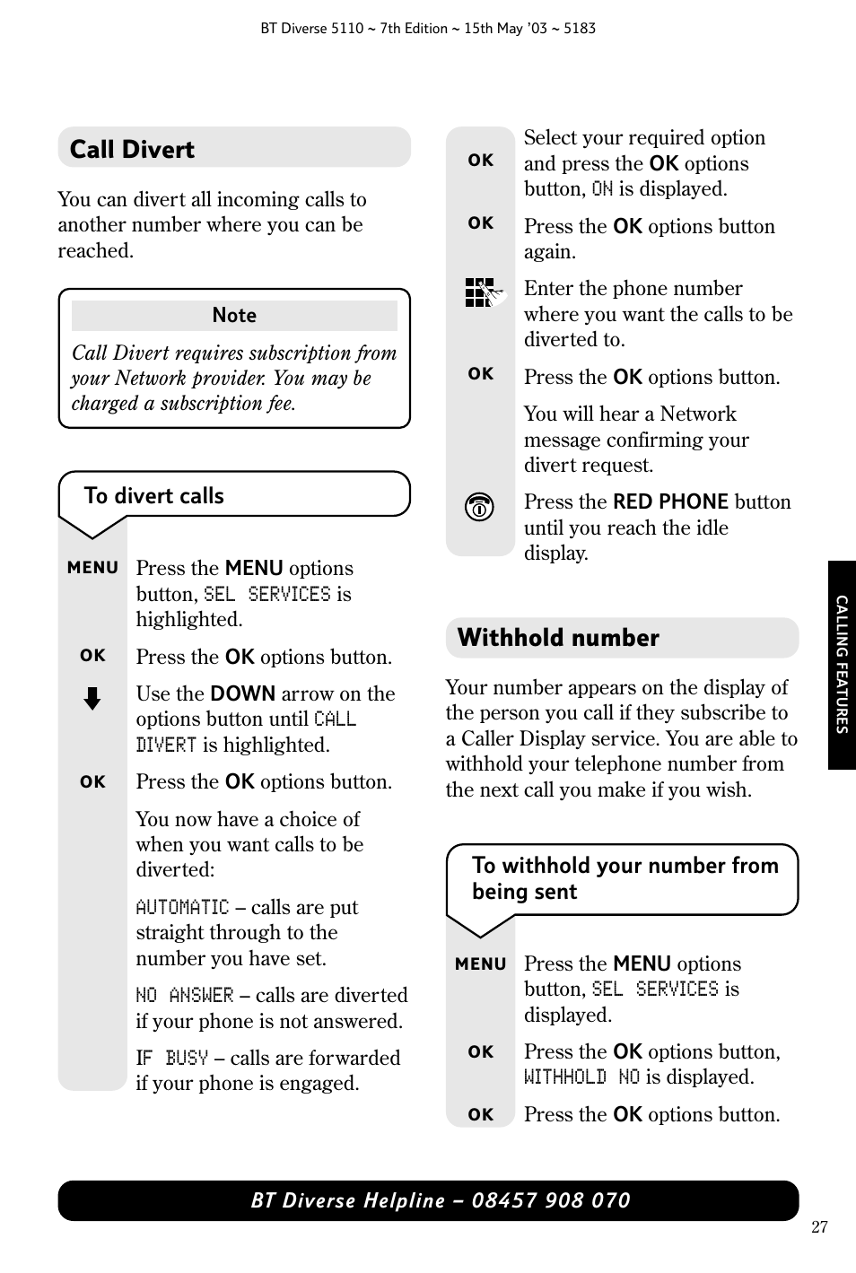 Withhold number, Call divert | BT 5110 User Manual | Page 29 / 47