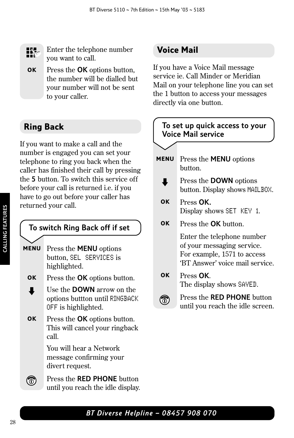 Ring back, Voice mail | BT 5110 User Manual | Page 30 / 47