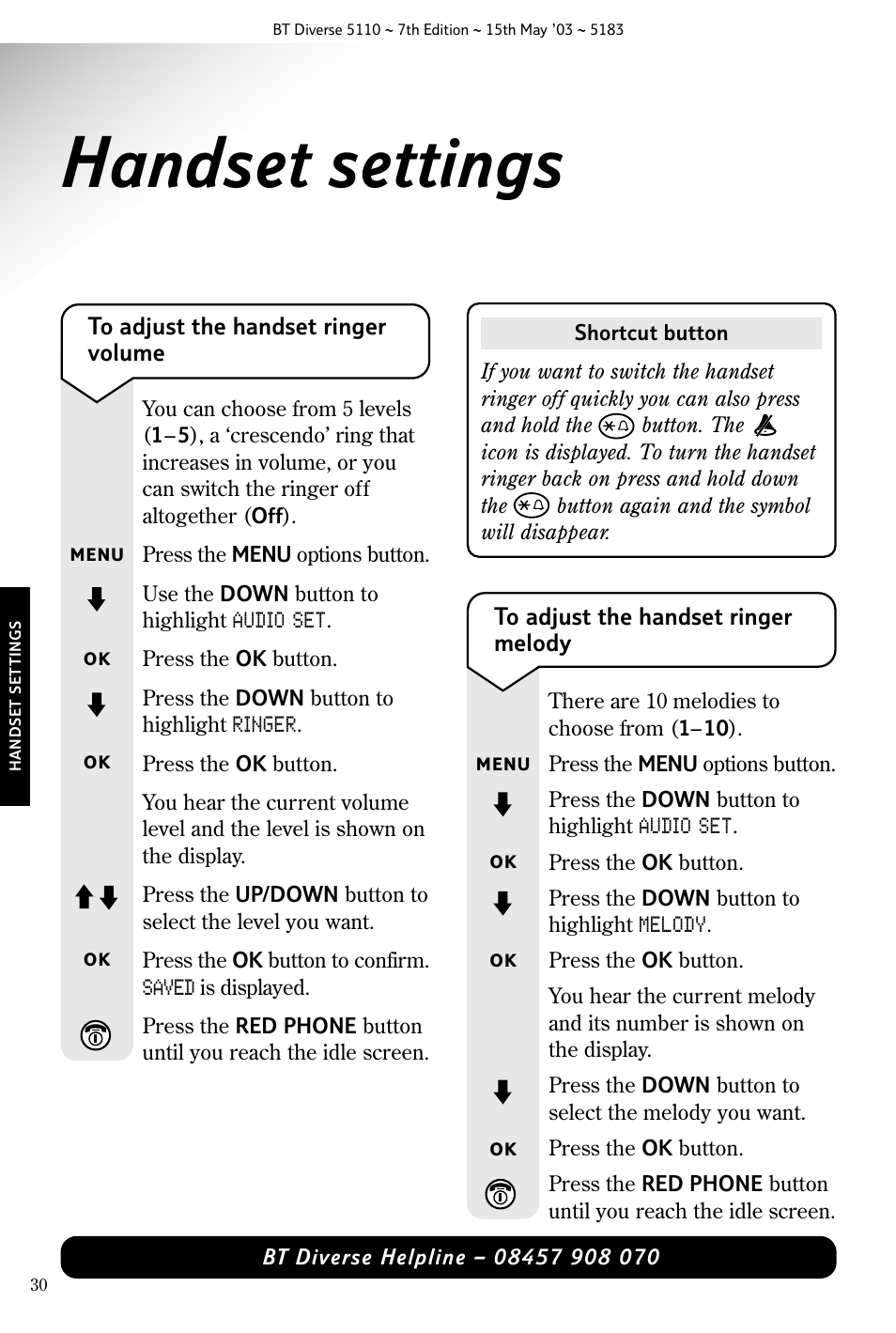 Handset settings | BT 5110 User Manual | Page 32 / 47